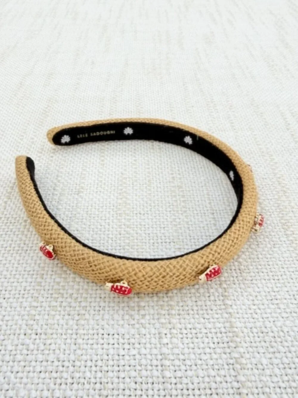 Lele Sadoughi Tan Raffia Gigi Headband Ladybug Charm EUC